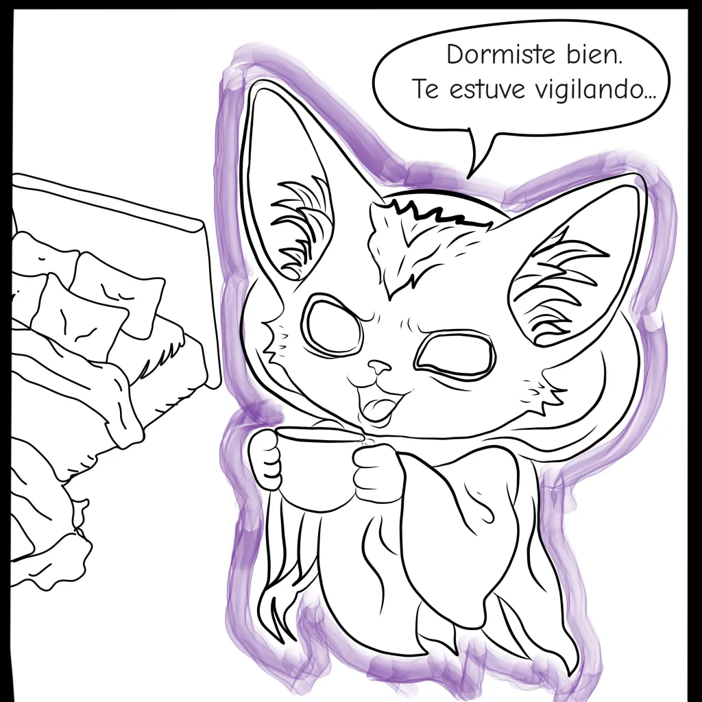 Kha mascota de Hekaan apareciendo en un cuarto — mini comic ilustracion digital