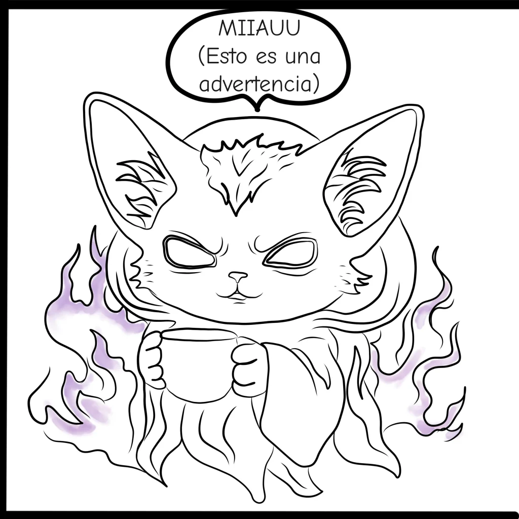 Kha mascota de Hekaan con aura purpura sosteniendo una taza — mini comic ilustracion digital