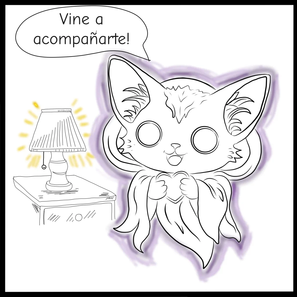 Kha mascota de Hekaan con lampara de noche — mini comic ilustracion digital