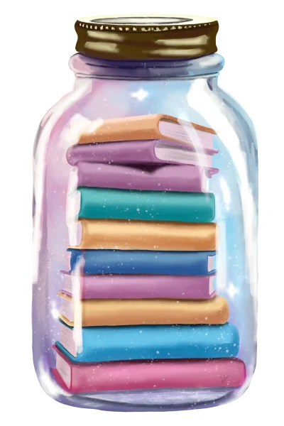 Ilustracion de libros apilados dentro de un frasco de vidrio — Hekaan, ficcion serial en espanol